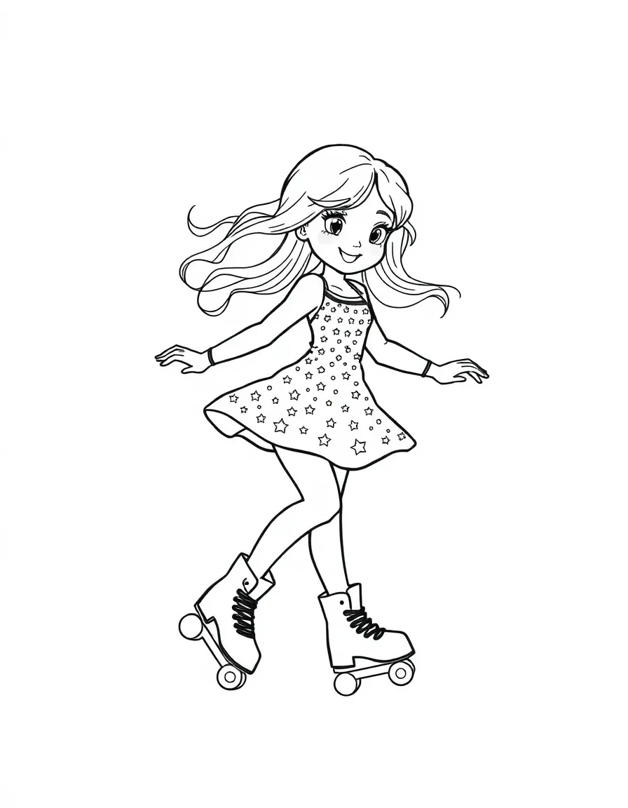 A fun roller skater twirling, wearing a sparkly outfit.