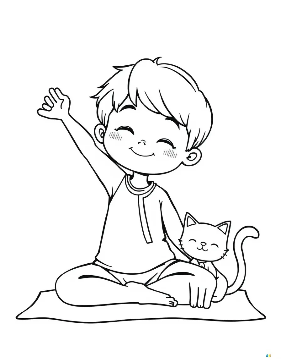 A peaceful yoga kid doing a downward dog pose, with a happy cat beside them.