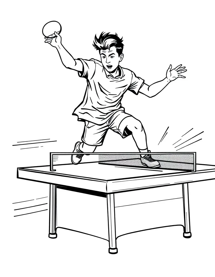 A quick table tennis player leaping to hit the ball, with speed lines.