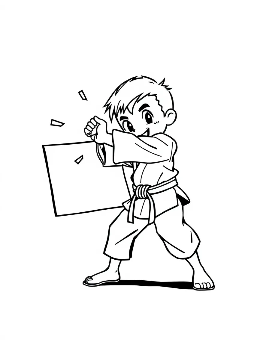 A karate kid breaking a very thin, happy board with a chop.