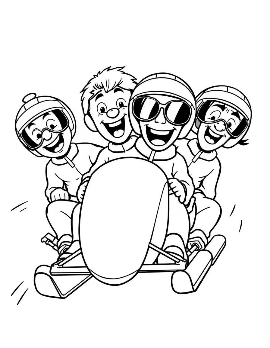 A silly bobsled team making funny faces as they zoom.