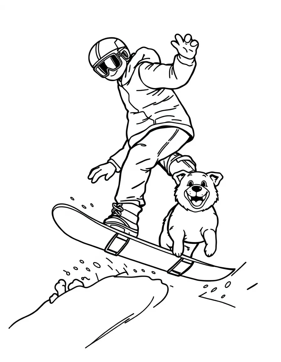A cool snowboarder doing a small jump, with a happy dog chasing.