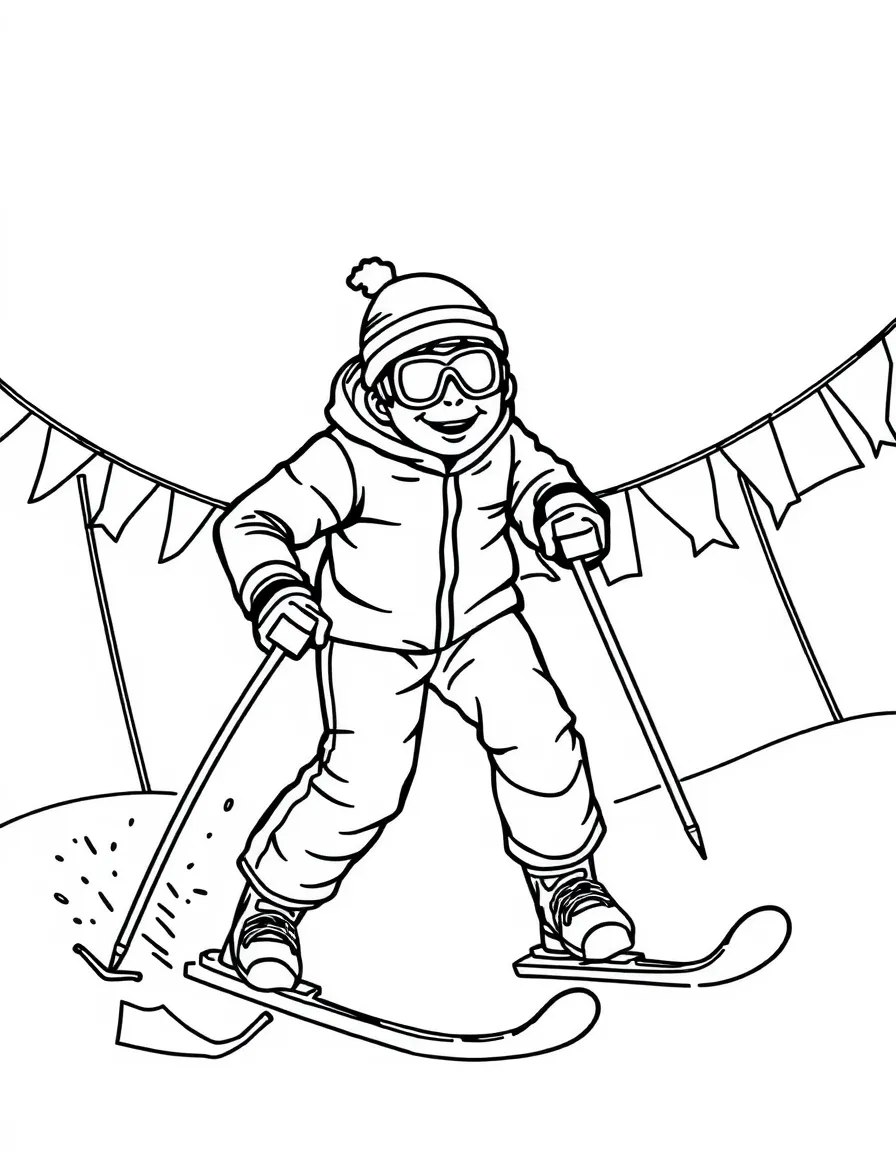 A happy skier weaving through colorful flags.
