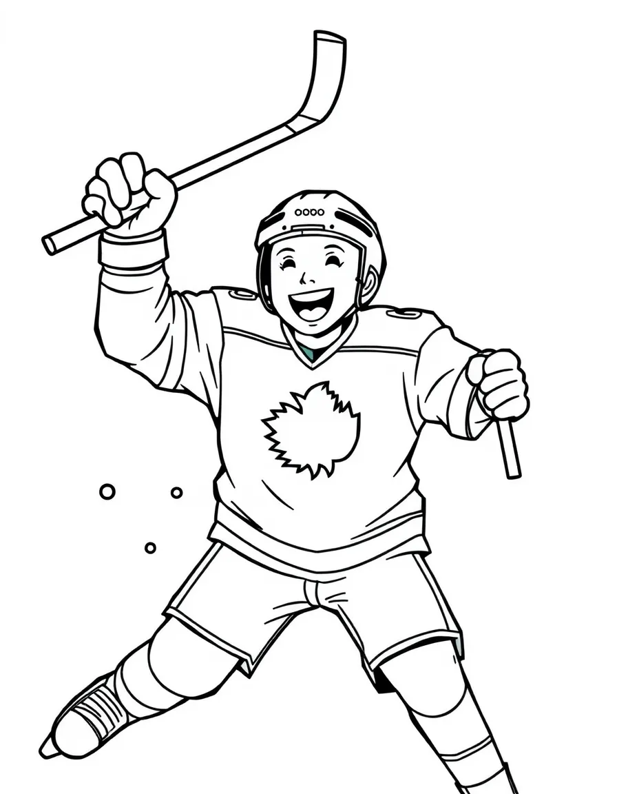 A joyful hockey player celebrating a goal with their stick raised.