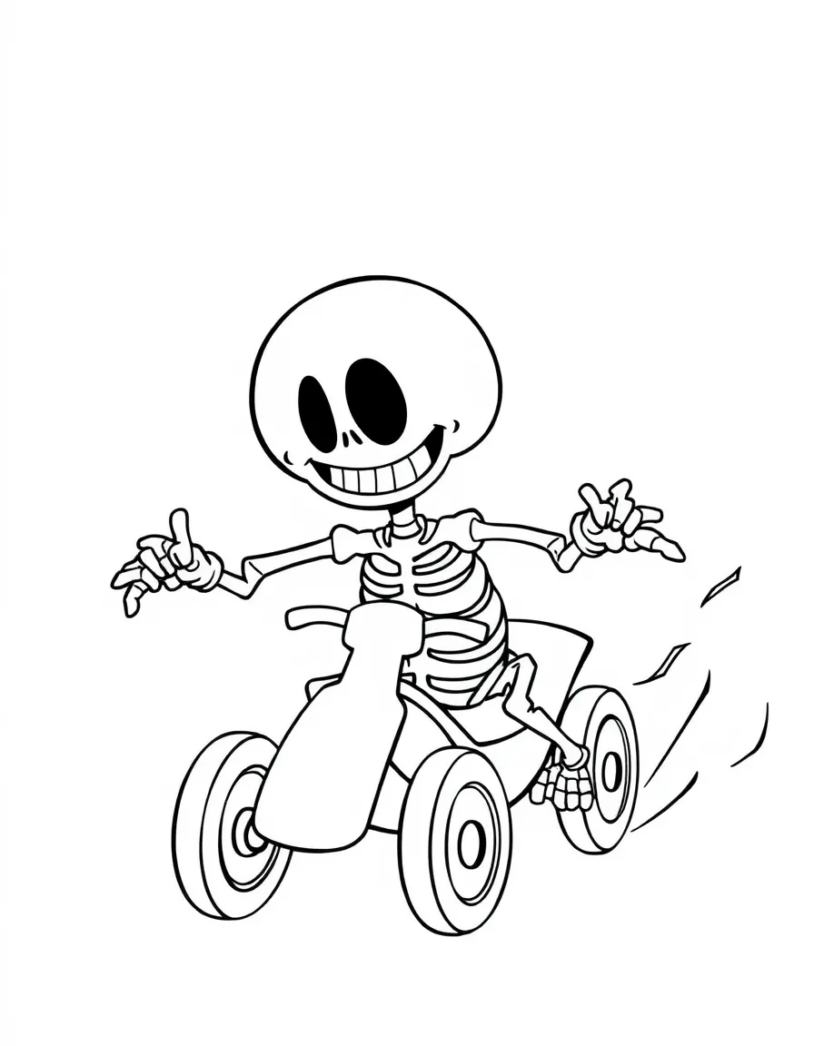 A happy skeleton racer with a big smile, going fast.