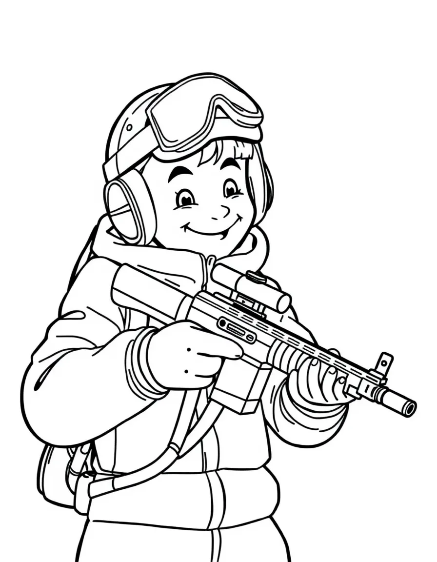 A cheerful biathlete reloading their tiny rifle with a happy expression.