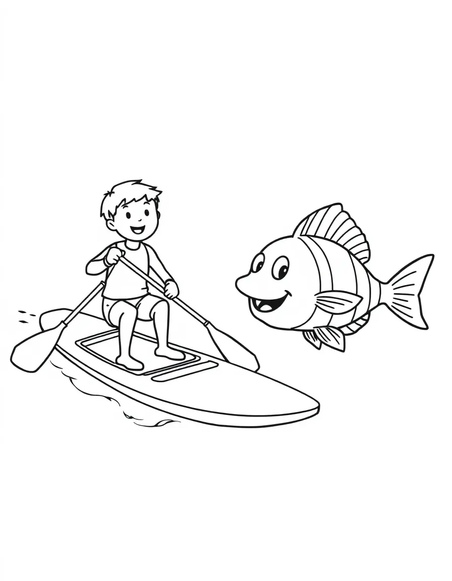 A friendly paddleboarder seeing a happy fish.