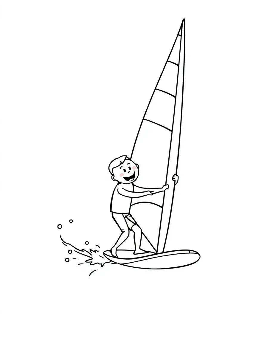 A cheerful windsurfer getting a gentle gust of wind.