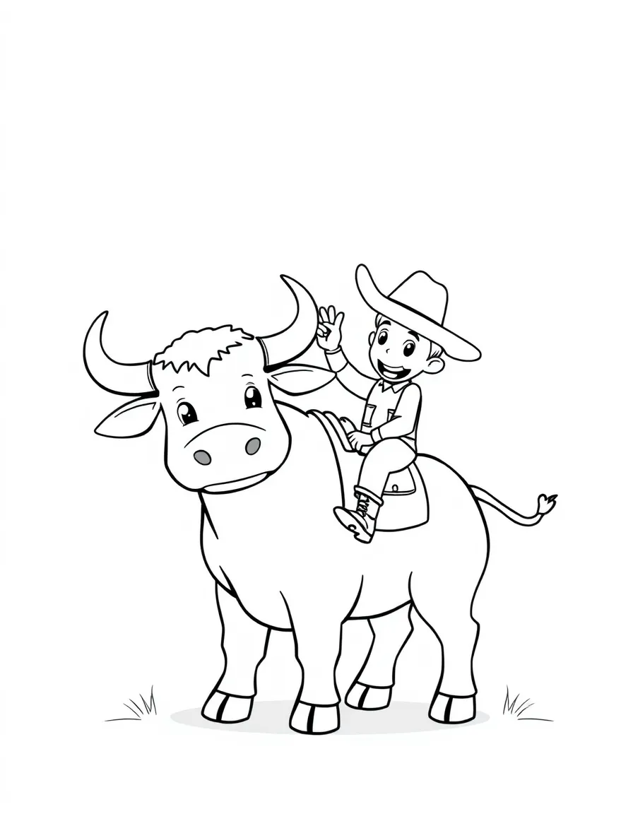 A cute bull rider (cartoon, gentle) giving the bull a high-five.