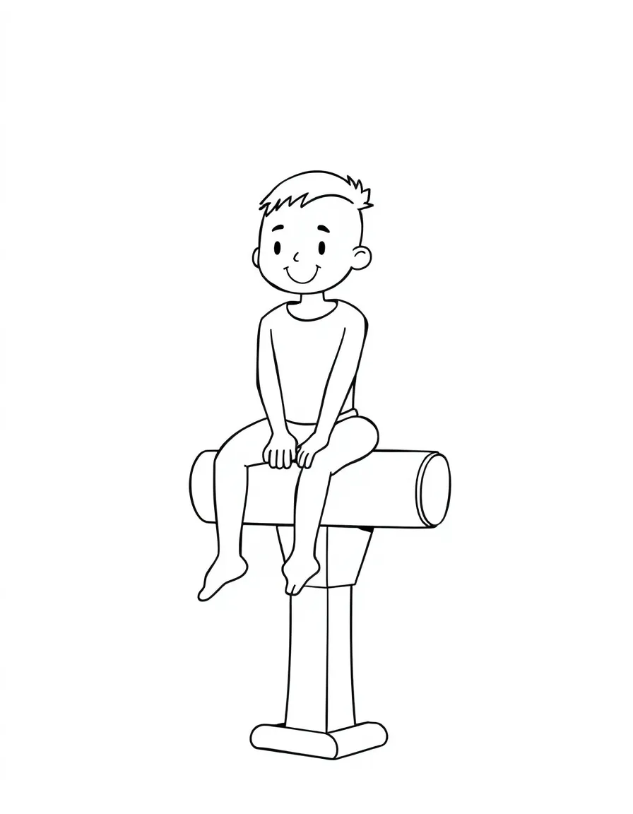 A friendly artistic gymnast sitting on the pommel horse.