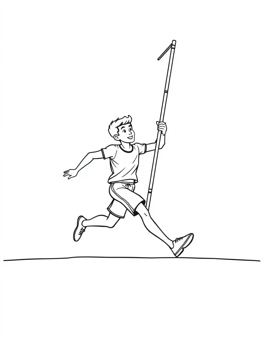 A happy pole vaulter running with the pole.