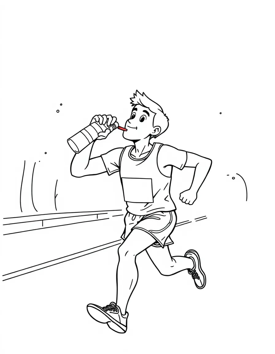 A happy marathon runner drinking water.
