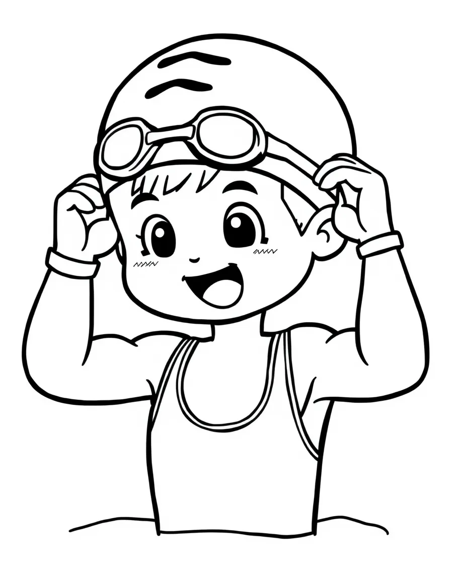 A cute triathlete putting on their swimming cap.