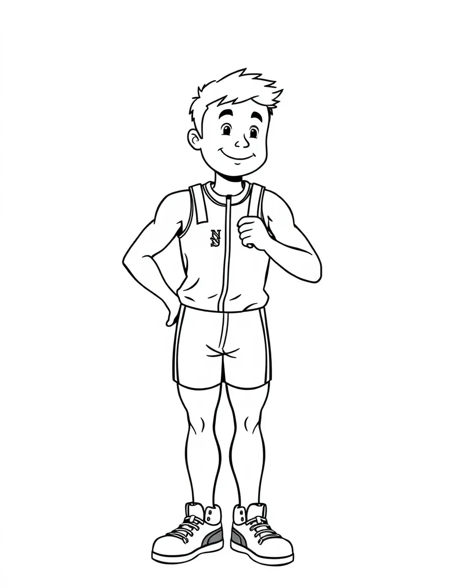 A friendly decathlete trying on a track suit.