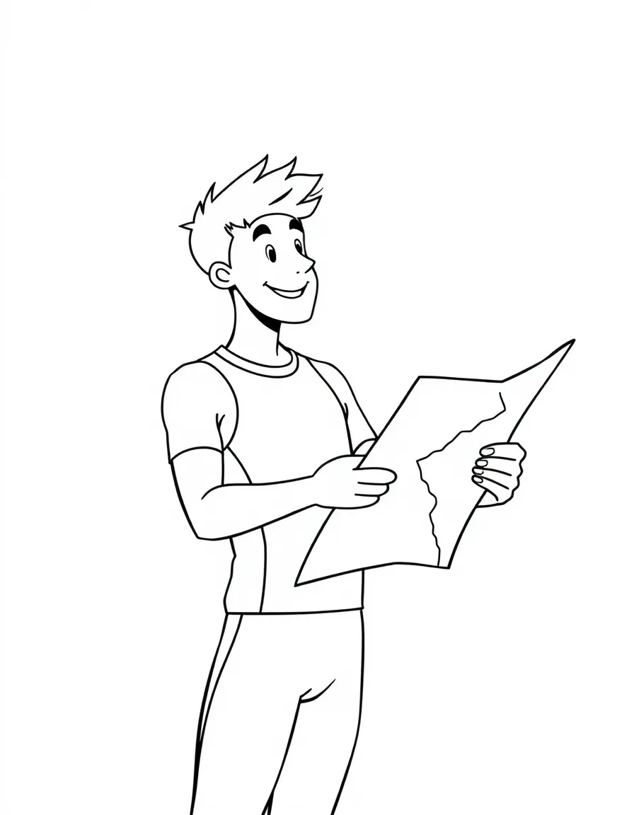 A happy modern pentathlete looking at a map.