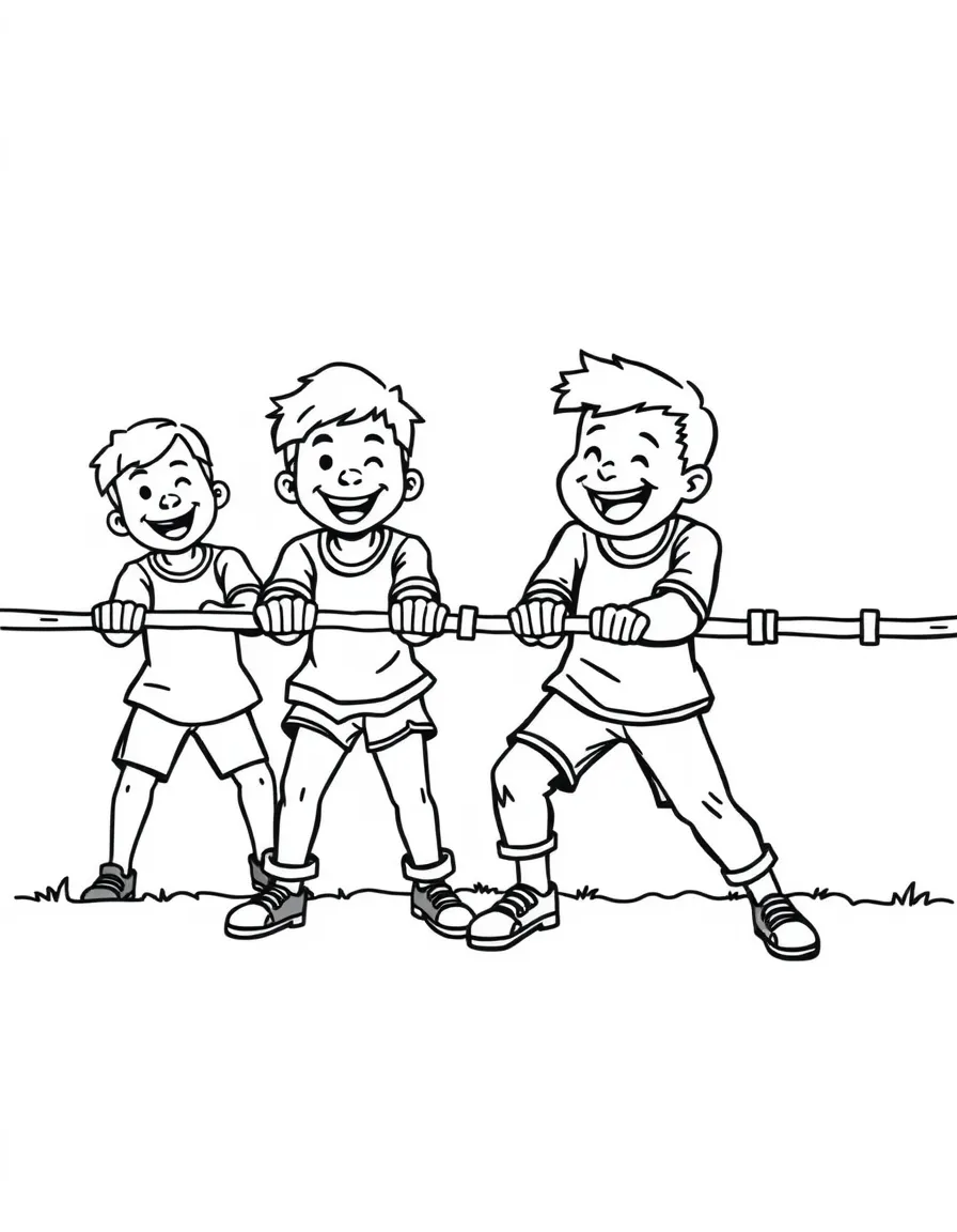 A happy tug-of-war team cheering each other on.