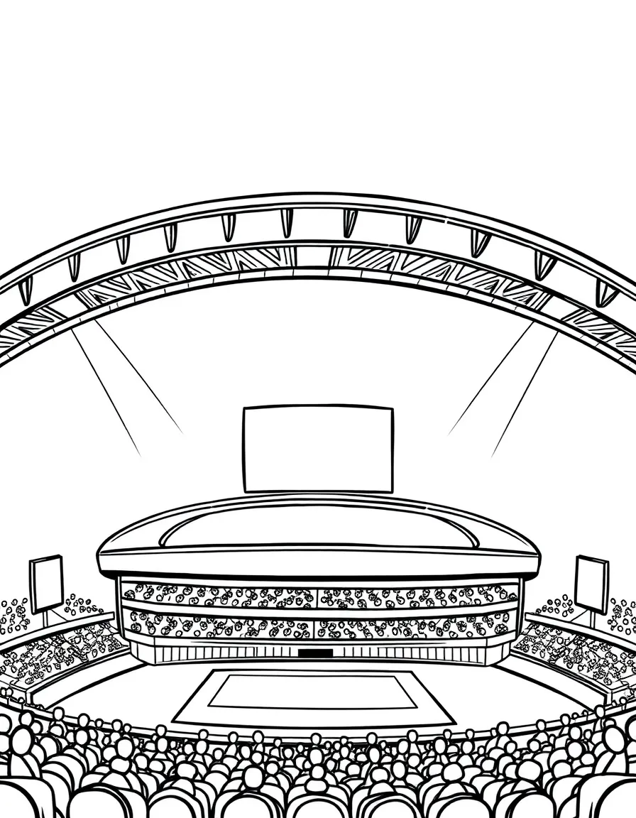 A cheerful stadium with a big screen.
