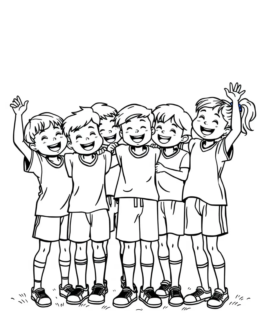 A friendly group of kids celebrating after a game.