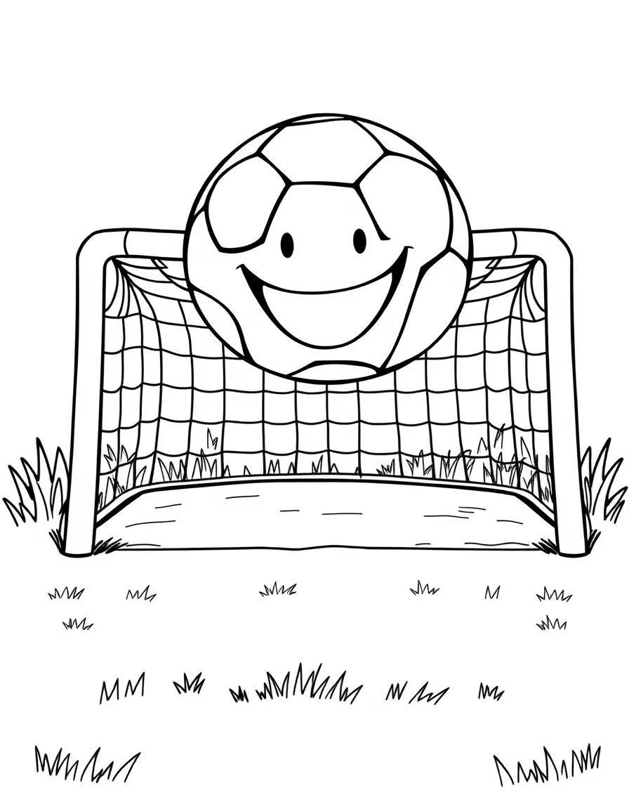 A soccer ball bouncing happily towards a smiling goal.