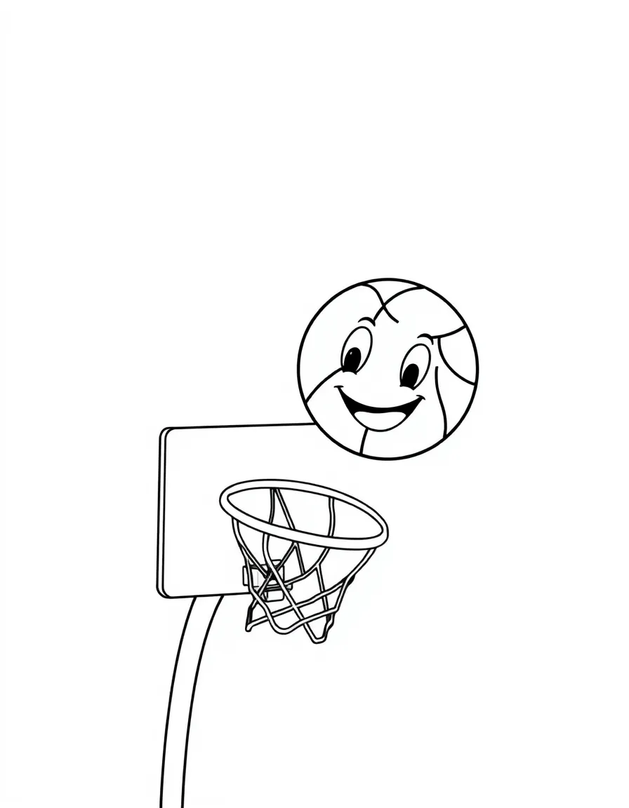 A basketball flying through the air towards a hoop with a happy face.