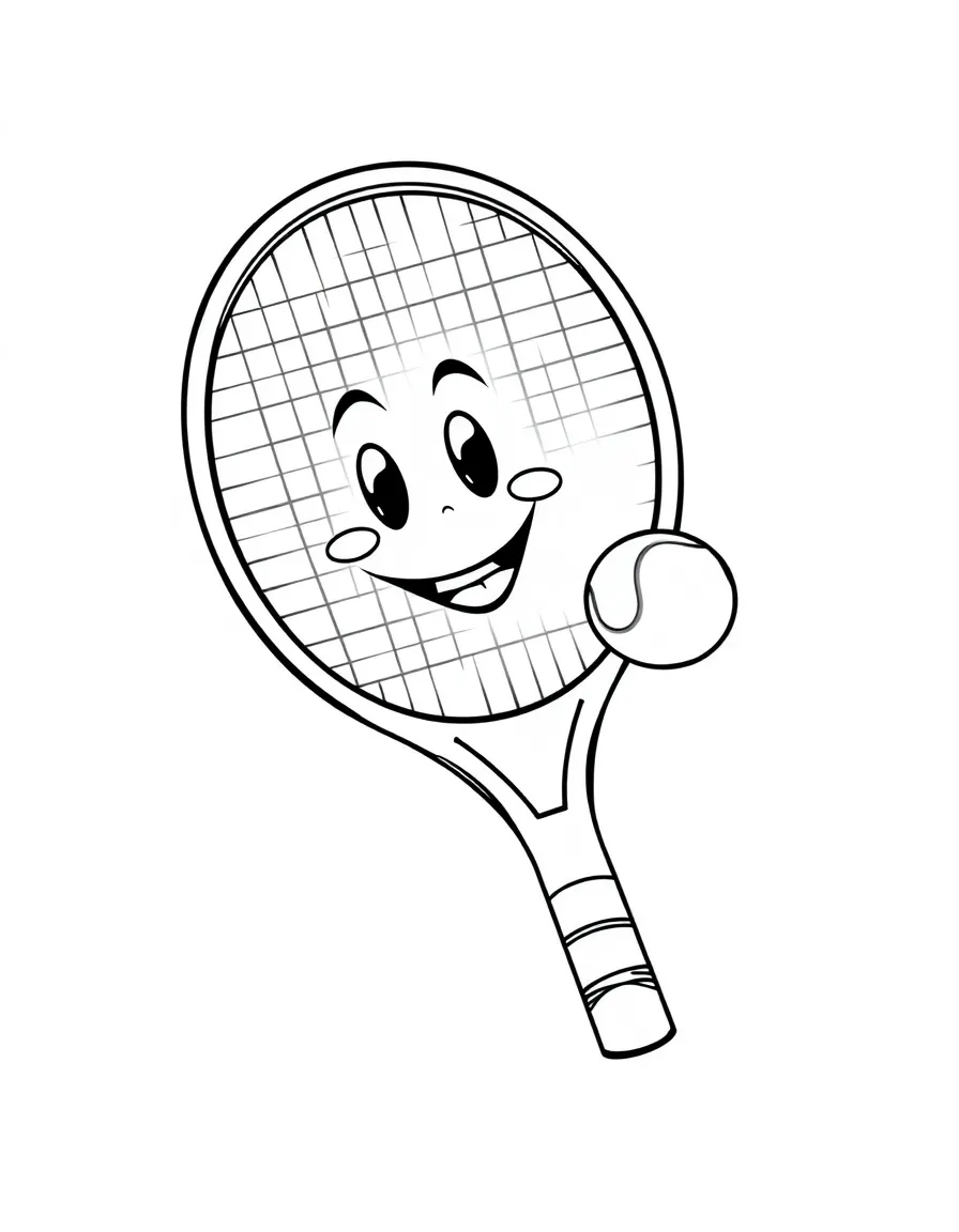 A tennis racket with a happy face, hitting a tennis ball.