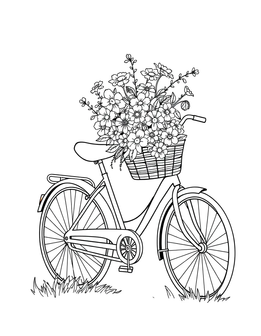 A bicycle with flowers in its basket.