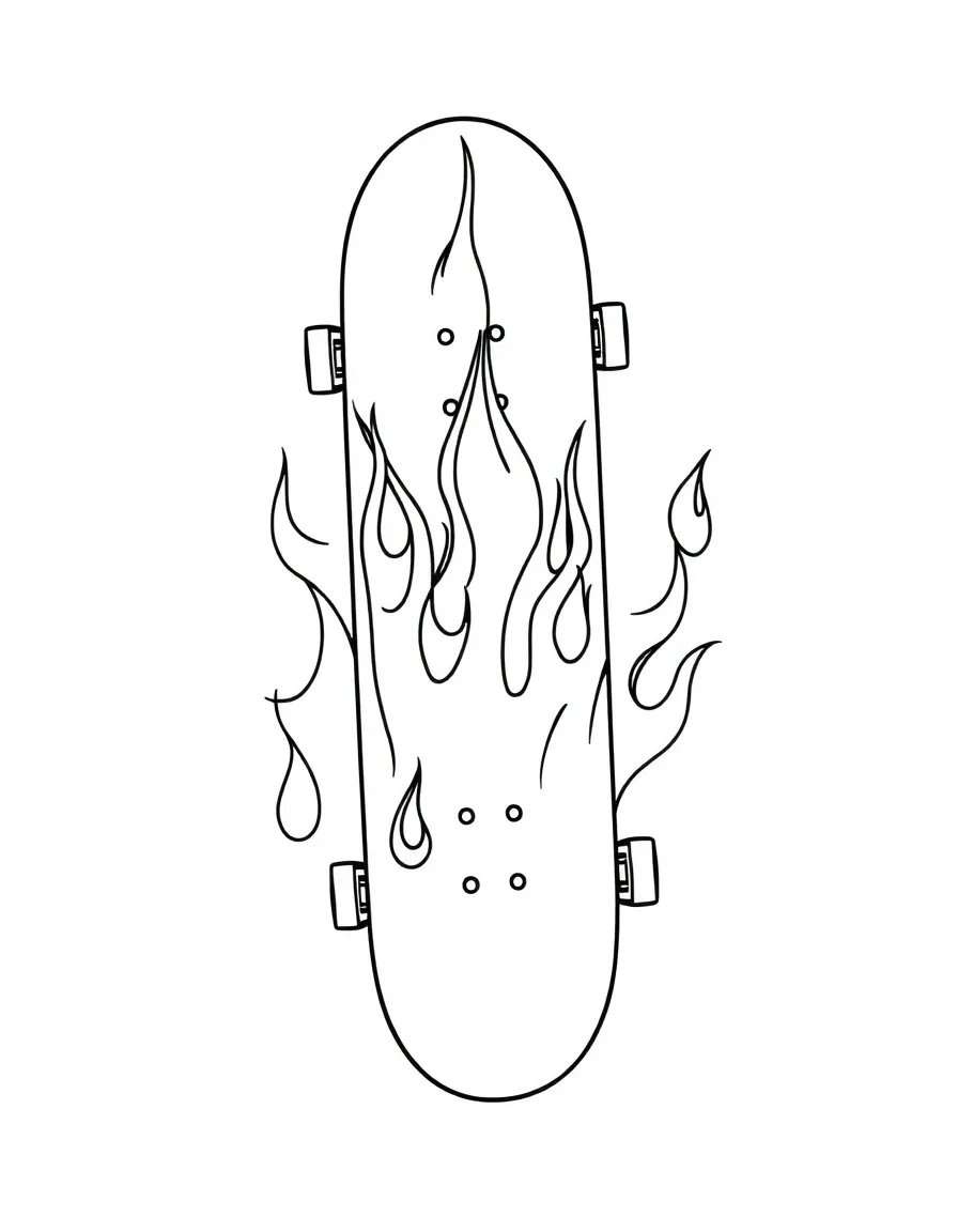 A skateboard with cool flame decals.