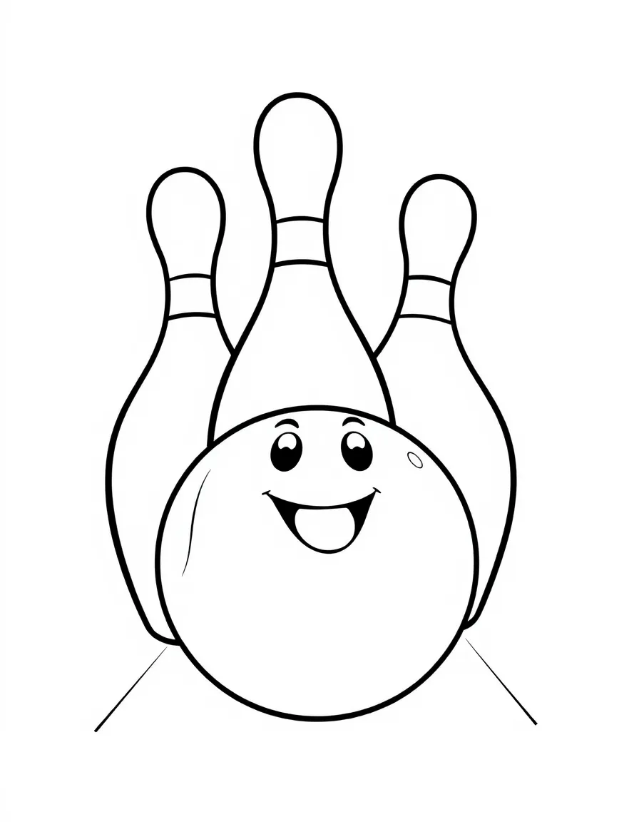 A bowling ball with a friendly smile, heading for pins.