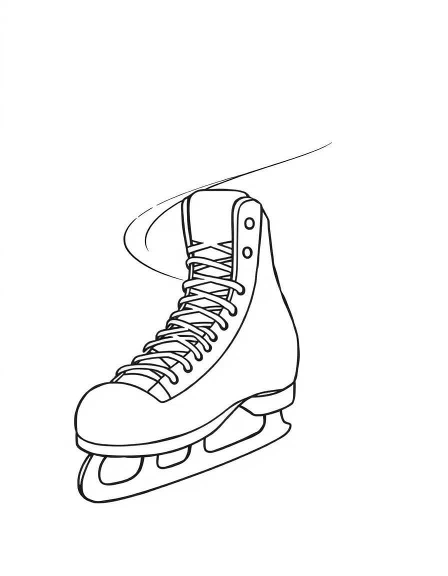 An ice skate leaving a swirly trail on the ice.