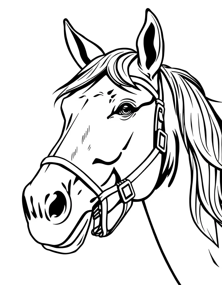 A horse head with a happy bridle.