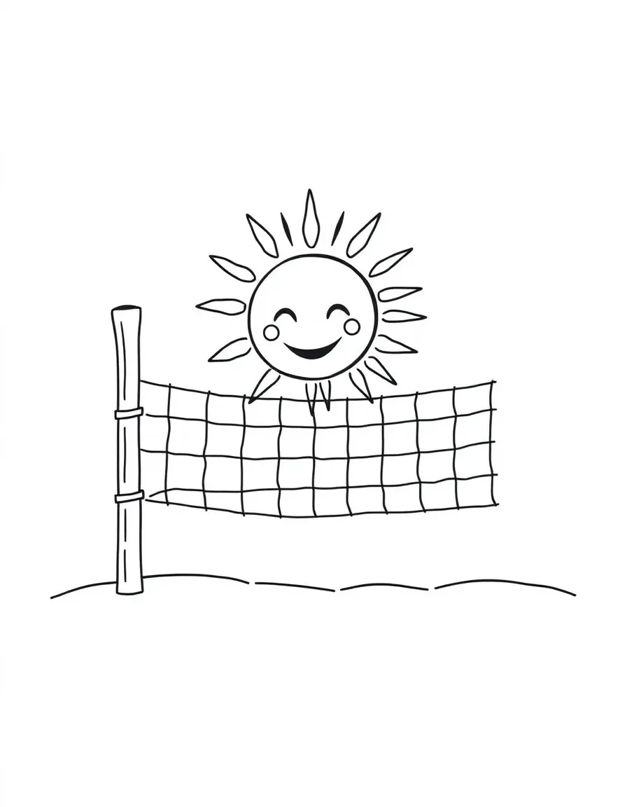 A beach volleyball net with a smiling sun.