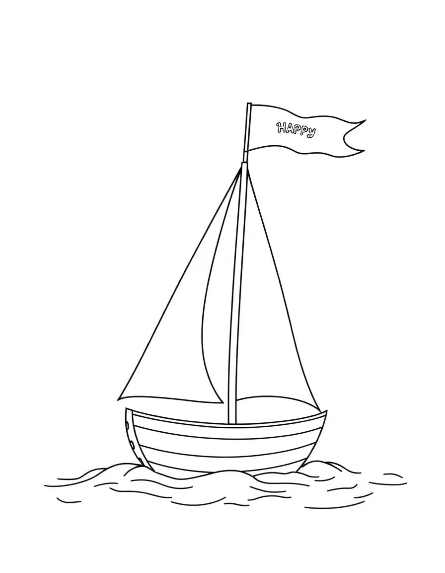 A sailboat with a happy flag.