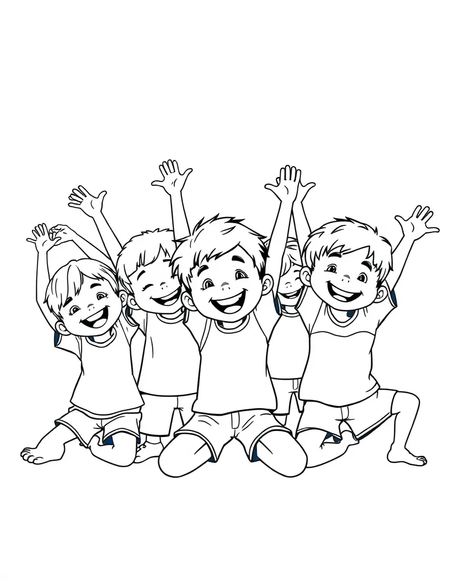 A group of happy kids stretching, making funny faces.