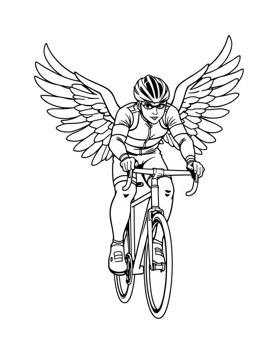 A cyclist with a bike that has wings.
