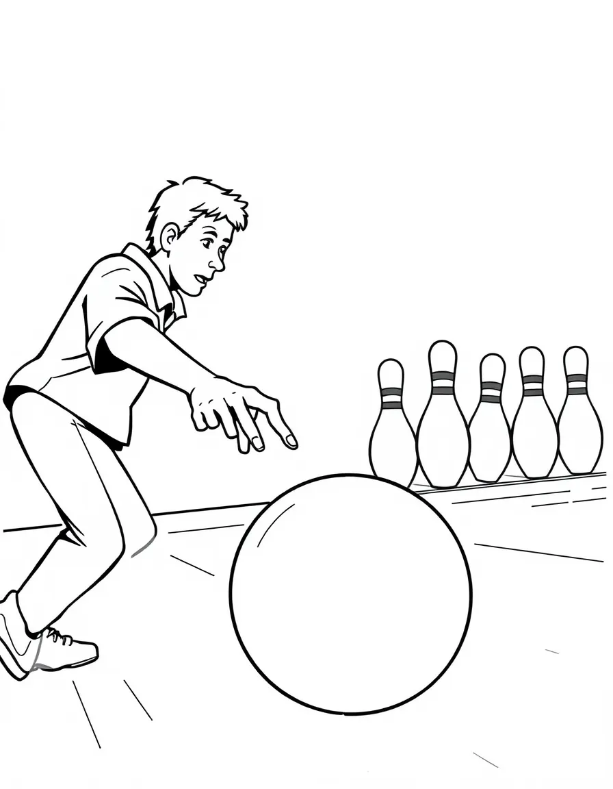 A bowler sending a ball that winks at the pins.