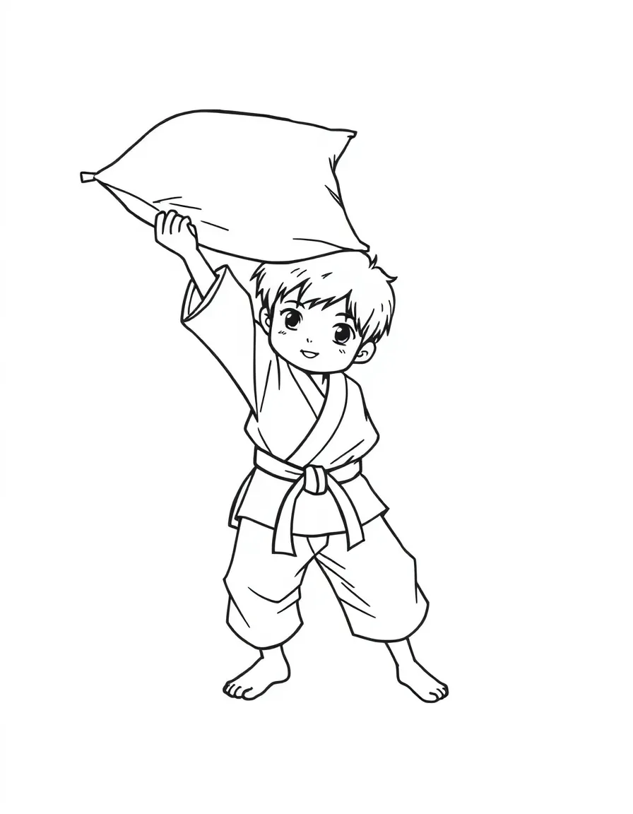 A judo kid gracefully flipping a pillow.