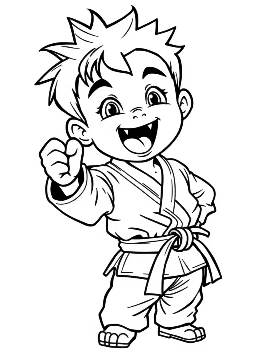 A karate kid doing a super cool pose with a happy roar.