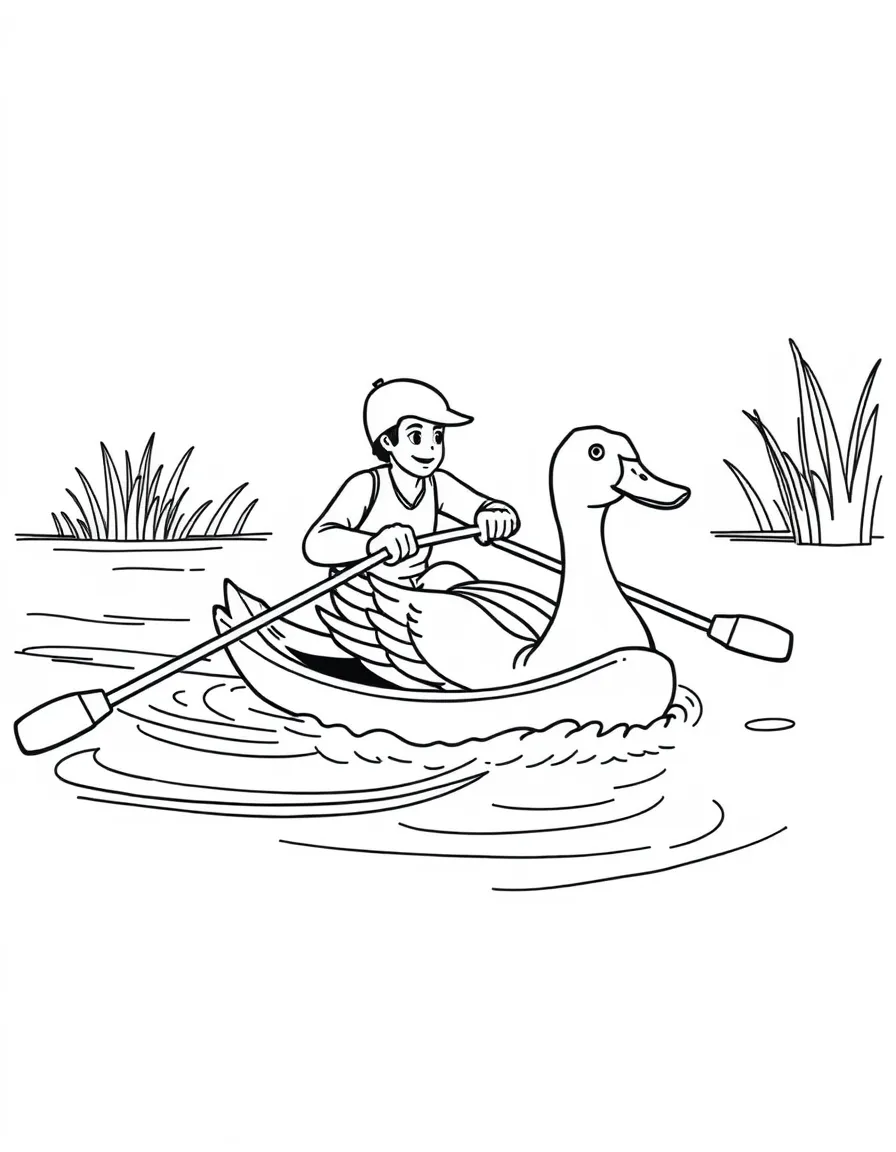 A rower racing a duck in a pond.