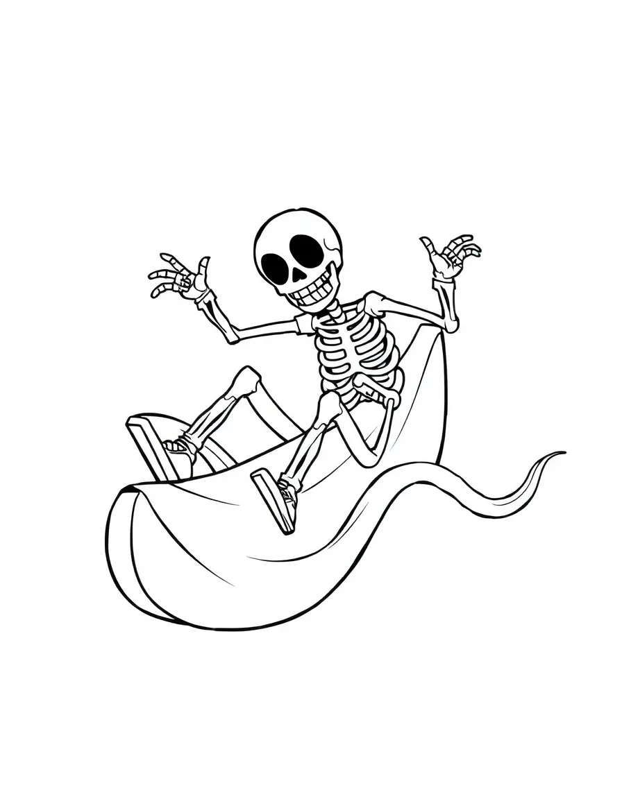 A skeleton racer sliding on a giant banana peel.
