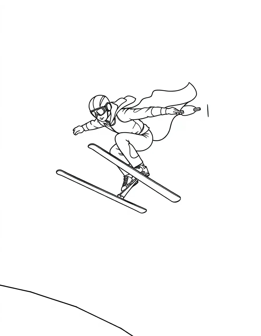 A ski jumper flying with a cape.