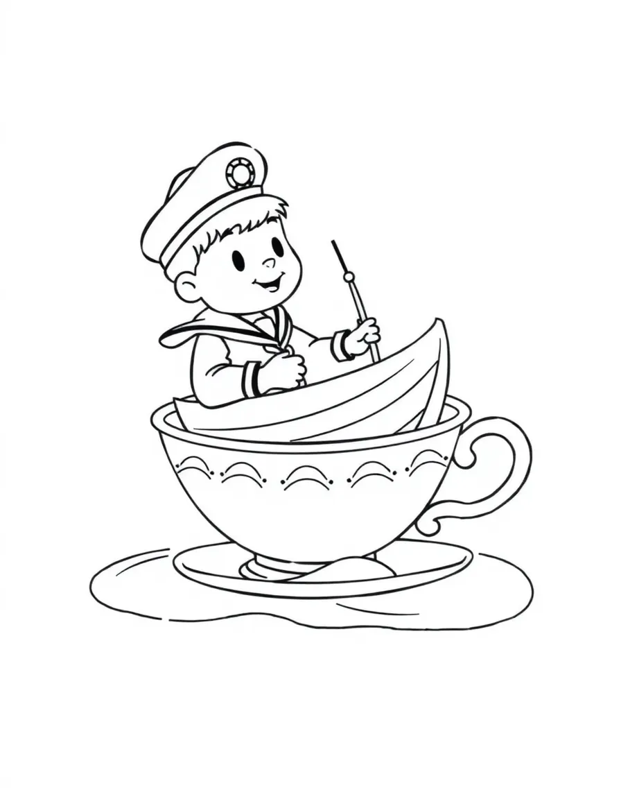 A sailor in a tiny boat sailing on a teacup.