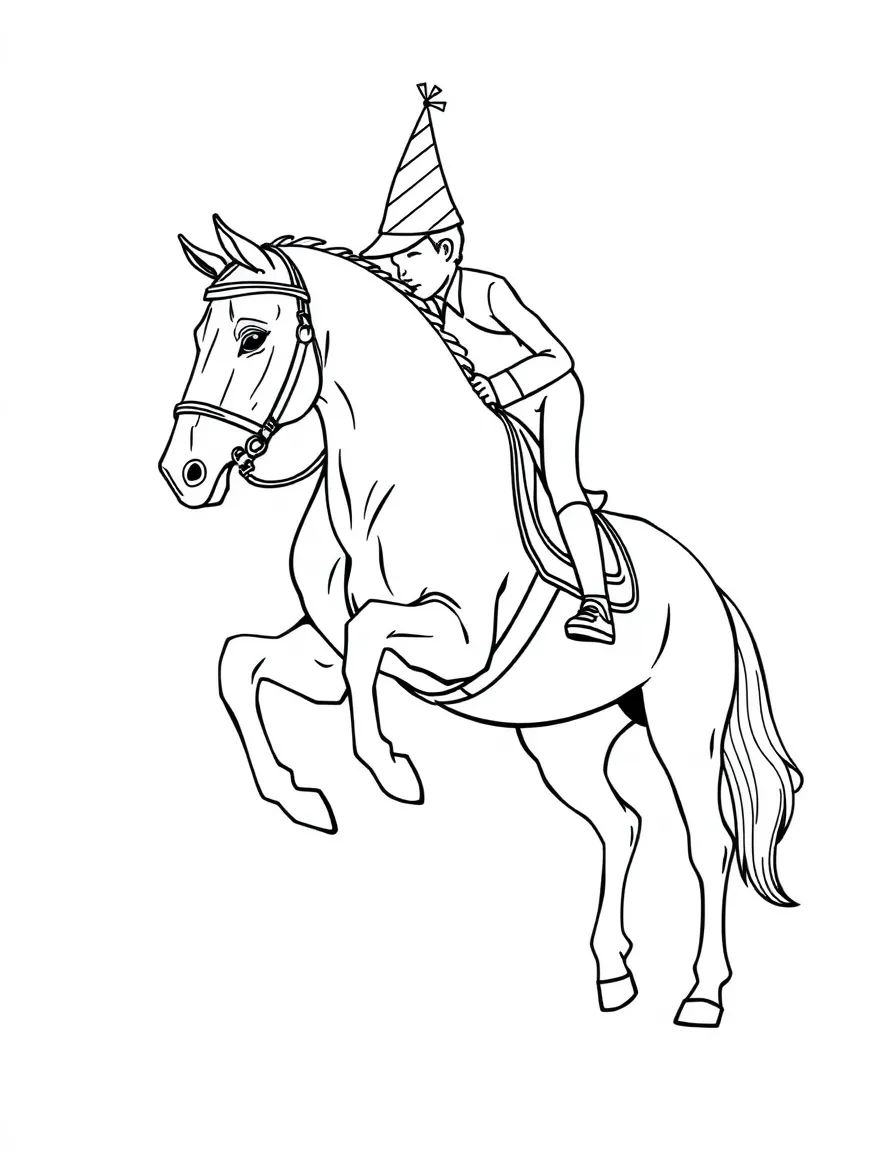 An equestrian show jumper with a horse that has a party hat.