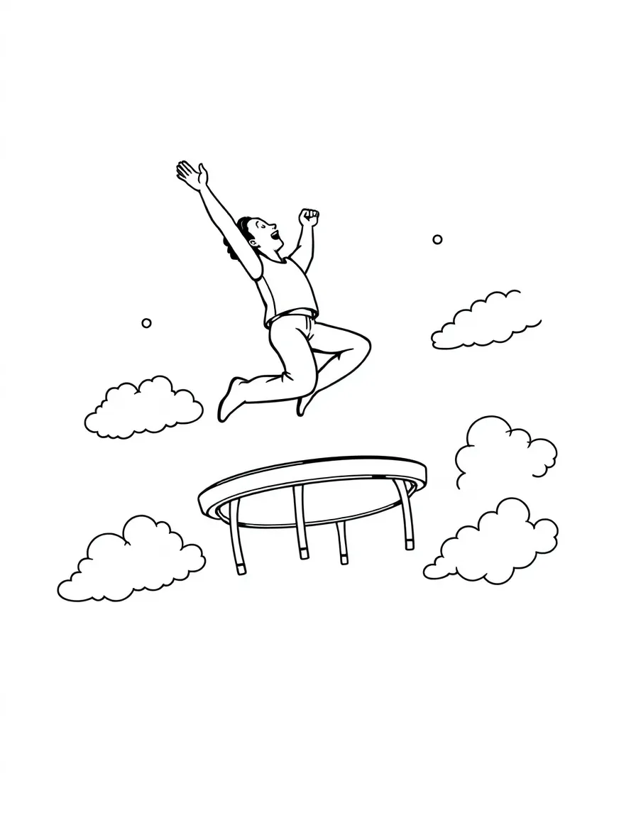 A trampolinist bouncing so high they touch the clouds.