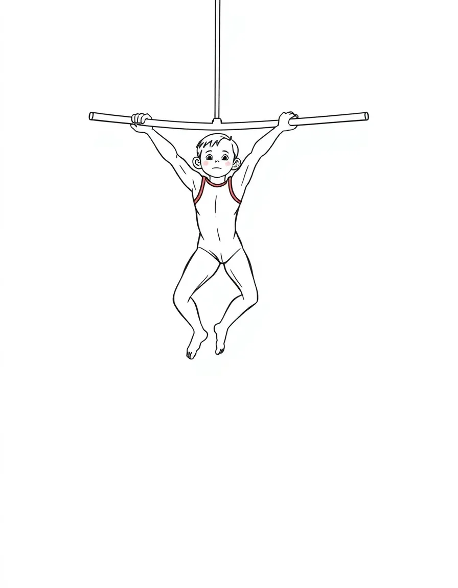 An artistic gymnast on the uneven bars, swinging like a monkey.