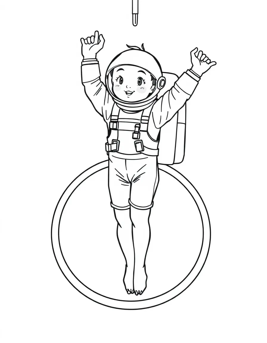 An artistic gymnast on the rings, pretending to be an astronaut.