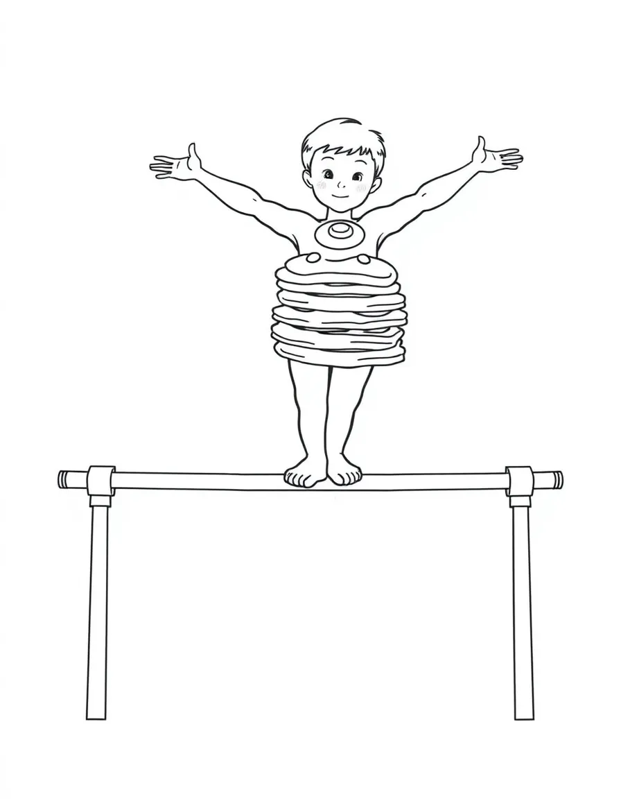 An artistic gymnast on the parallel bars, balancing a stack of pancakes.