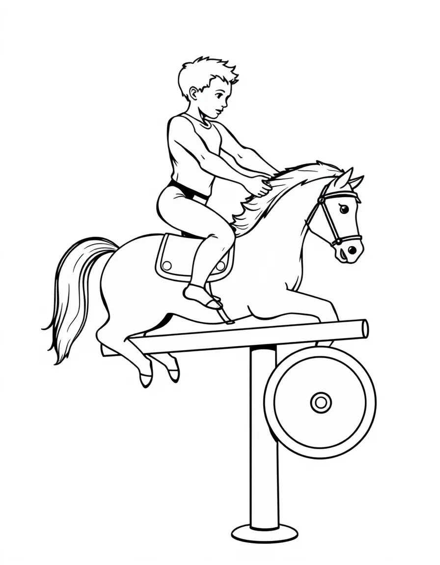 An artistic gymnast on the pommel horse, riding it like a toy horse.