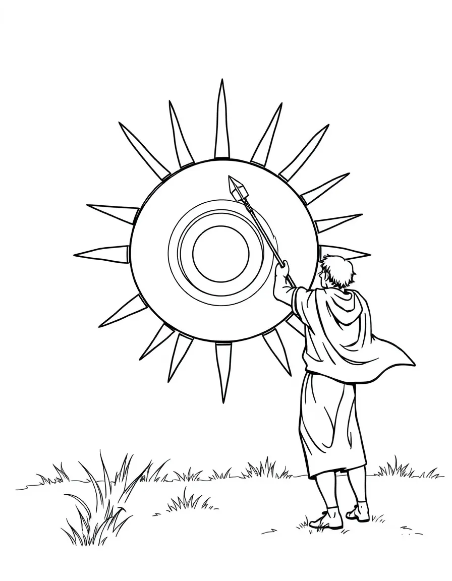 A javelin thrower aiming at a giant target shaped like a happy sun.