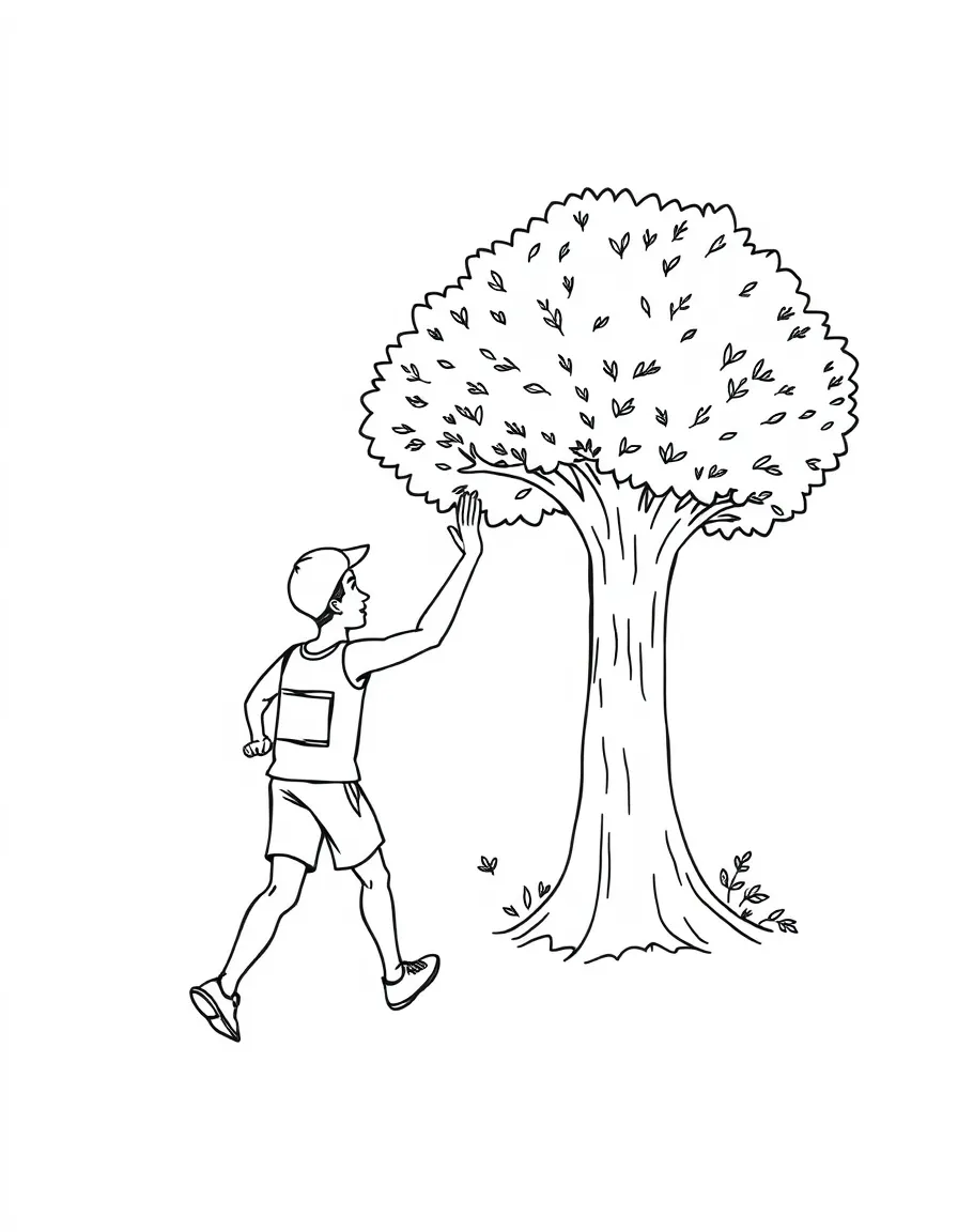 A marathon runner getting a high-five from a friendly tree.