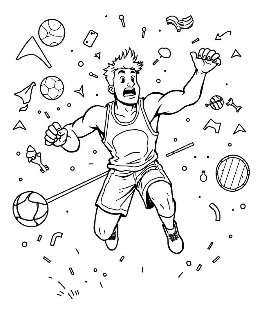 A decathlete doing all 10 sports at once (cartoon chaos).